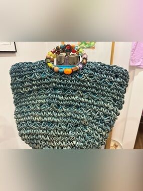 Handmade Teal Crochet Tote with Colorful Beaded Handle